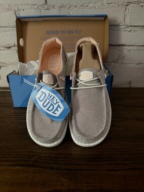 Hey Dude Women's Glitter Slip-Ons - Silver with Light Pink Accents